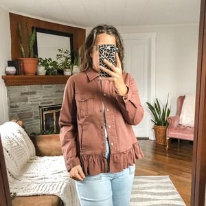 DENIM & CO | Women's Small Brown Ruffle Hem Zipper Shacket Jacket Pockets Cotton